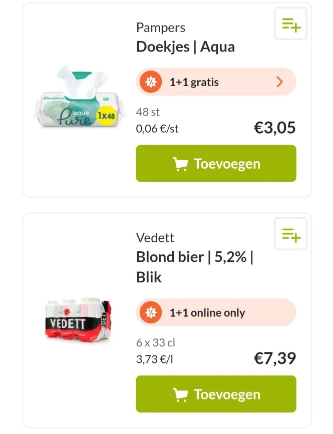 Delhaize 1+1 pampers doekjeq aqua, 1+1 vedett...