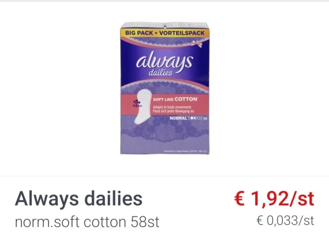 Colruyt always, always discreet en tampax rod...
