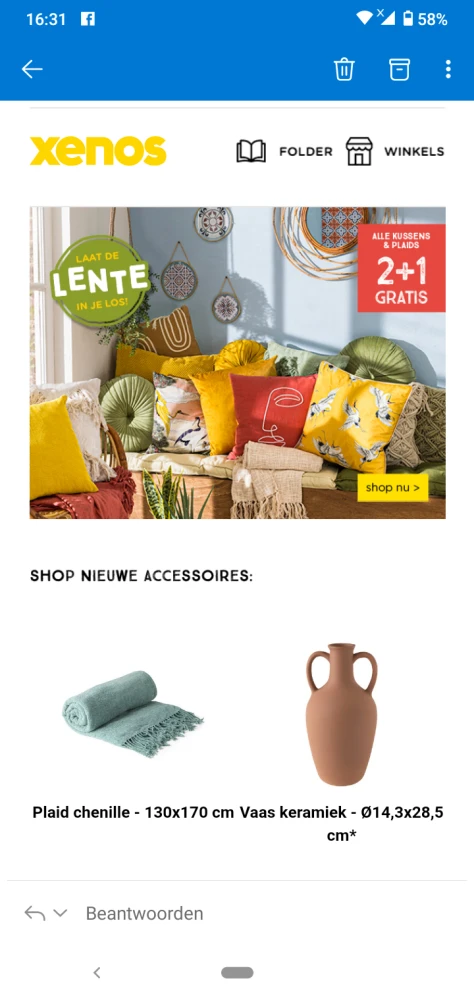 Bij xenos.nl is er 2+1 gratis op alle kussens...