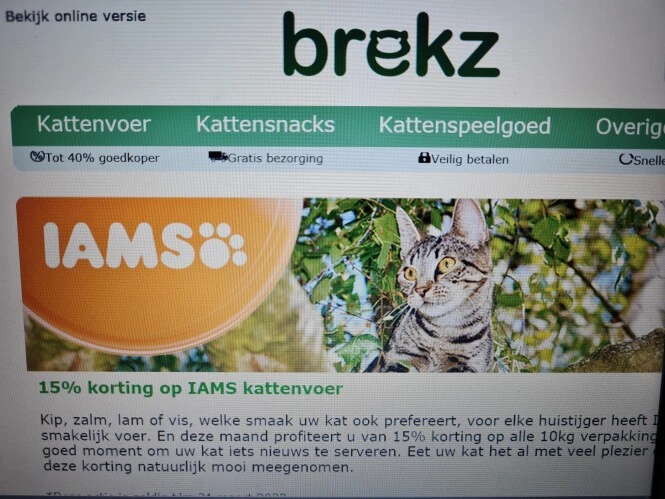 Bij brekz.be nu 15% korting op Iams kattenvoe...
