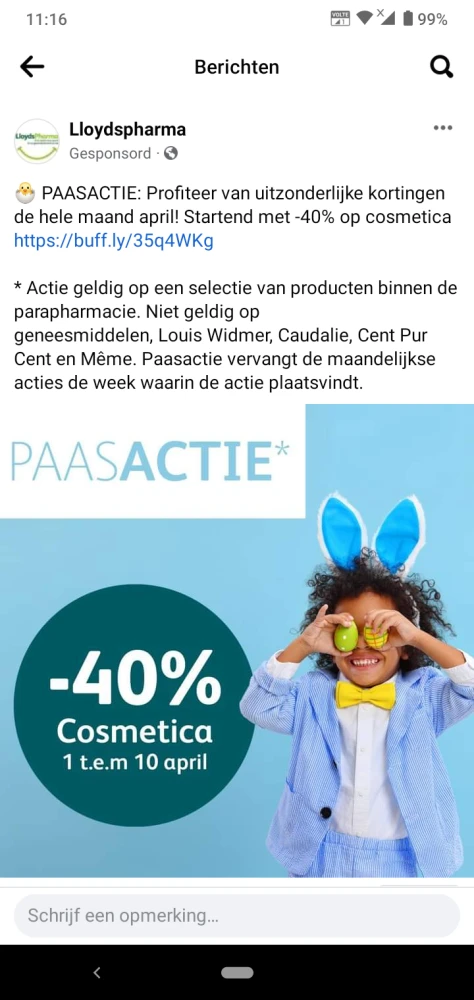 40% korting op cosmetica tem 10/04. Actie g...