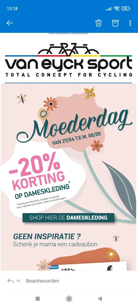 Bij van Eyck sport is er tem 08/05 20% kortin...