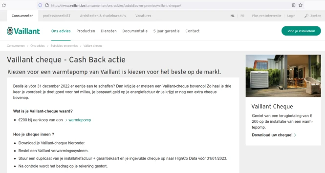 Vaillant cheque € 200,- cashback Beslis je v...