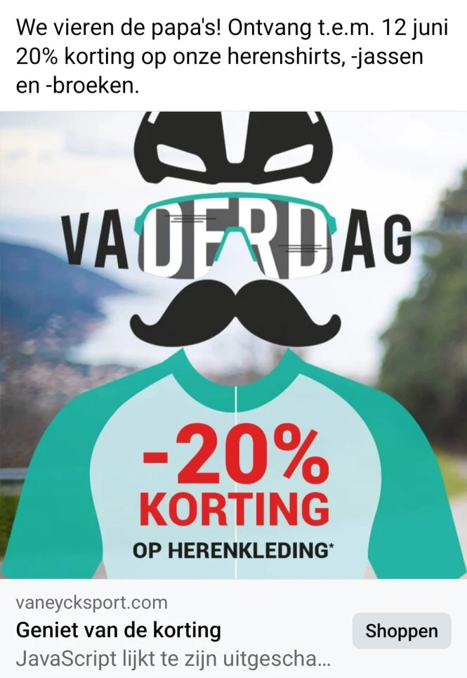 vaneycksport.com t.e.m. 12 juni -20% op heren...
