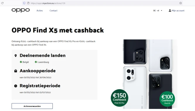Oppo Find X5 met cashback tot € 150,- cashbac...