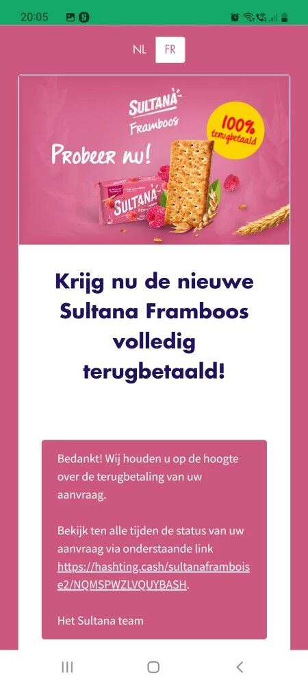 Cashback aangevraagd v sultana framboos en tr...