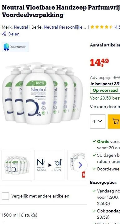 Bij Deals Neutral handzeep zonder alcohol bes...