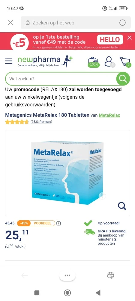 €5 korting op MetaRelax 180 tabletten. deze k...