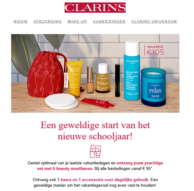 Bij Clarins ontvang je bij aankoop vanaf €95...