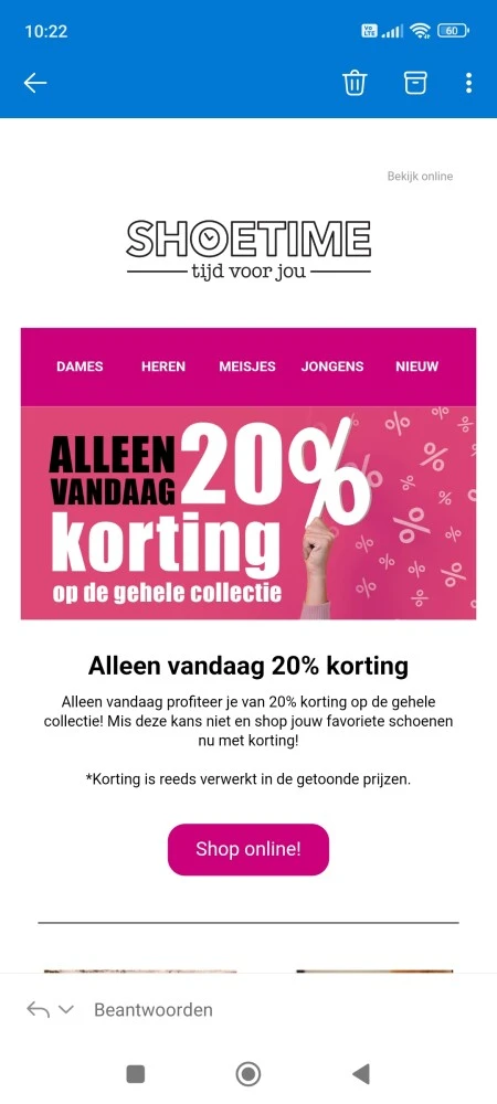 Bij shoetime.nl is er enkel vandaag 20% korti...