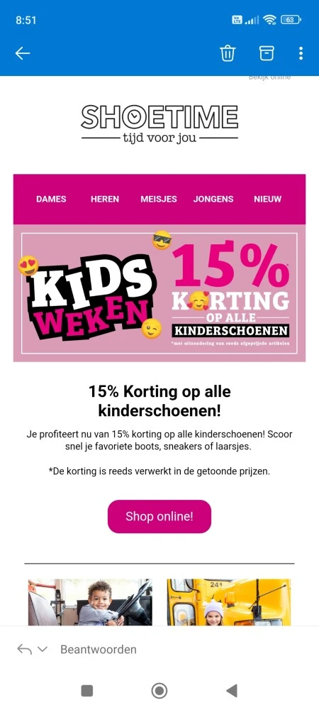 Site ok Bij shoetime is er 15% korting op ki...