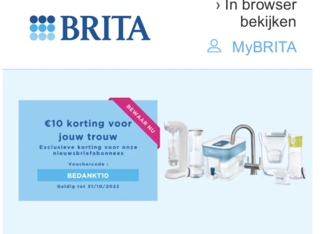 BRITA 10€ KORTING met vouchercode BEDANKT10...