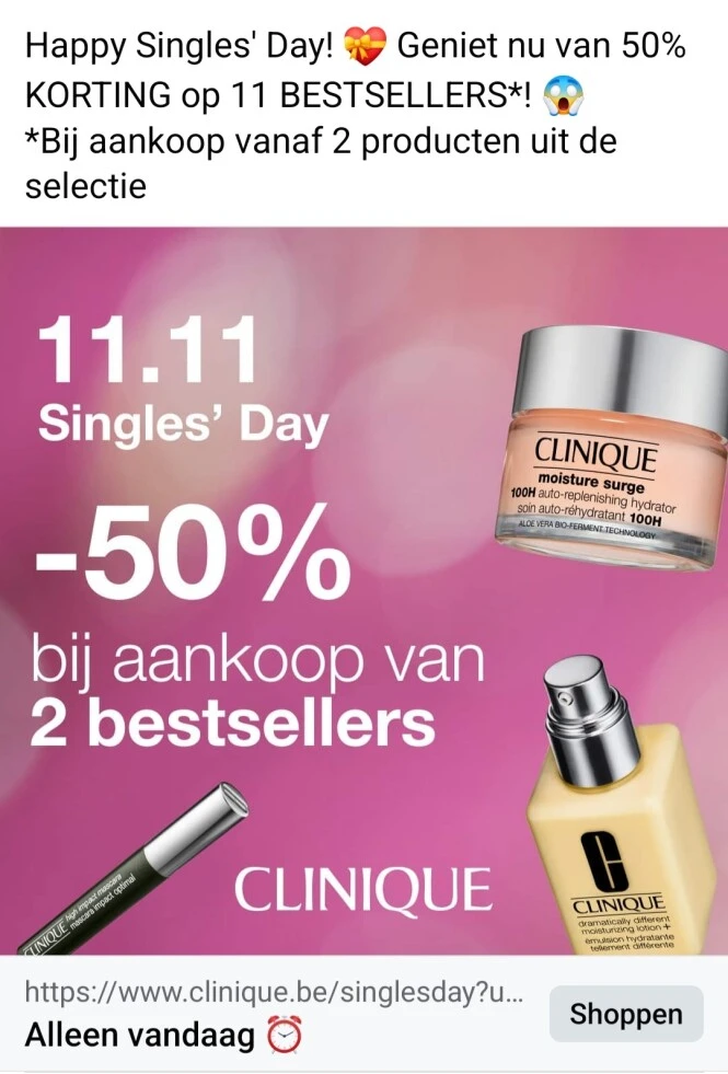 clinique.be 11.11 singles day -50% op een sel...