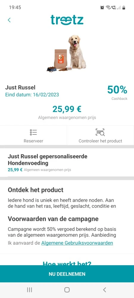 Treetz 50% cashback just russel hondenbrokken