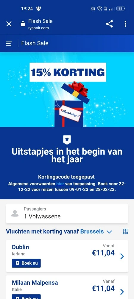 15 procent korting bij Ryanair