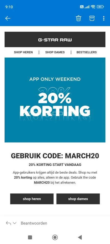 20% korting op alles in de app bij g-star htt...