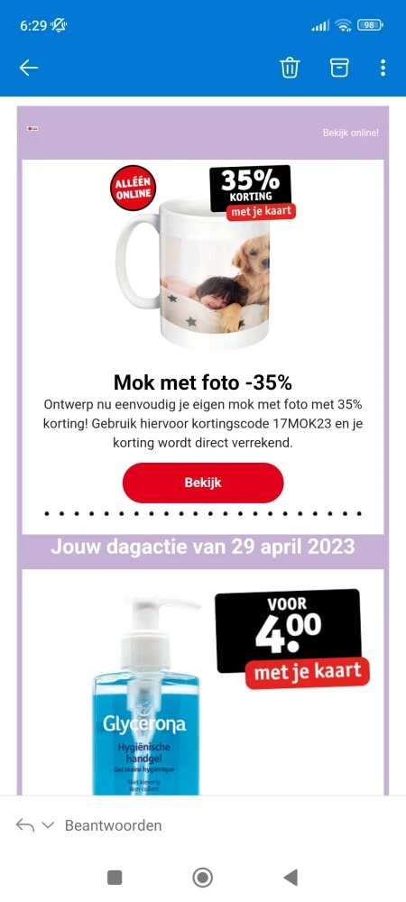 35% korting op een mok met foto bij Kruidvat....
