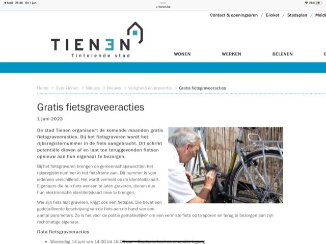 Gratis fietsgraveeracties De stad Tienen orga...