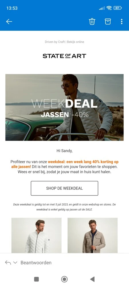 Week deal tem 5/07 bij state of art: 40% kort...