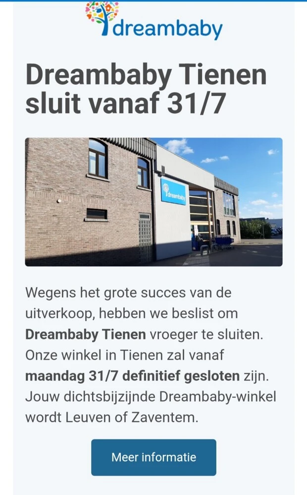 Dreambaby Tienen sluit vroeger dan verwacht....