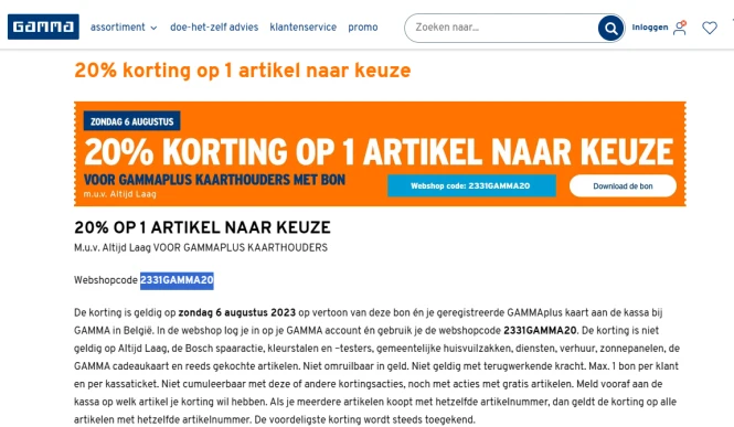 20% korting op 1 artikel naar keuze op 6/08 b...