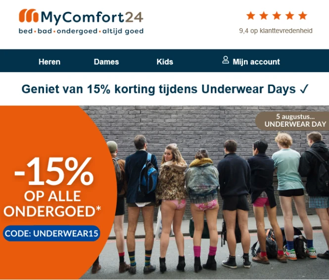 -15% op alle ondergoed, niet geldig op oranje...