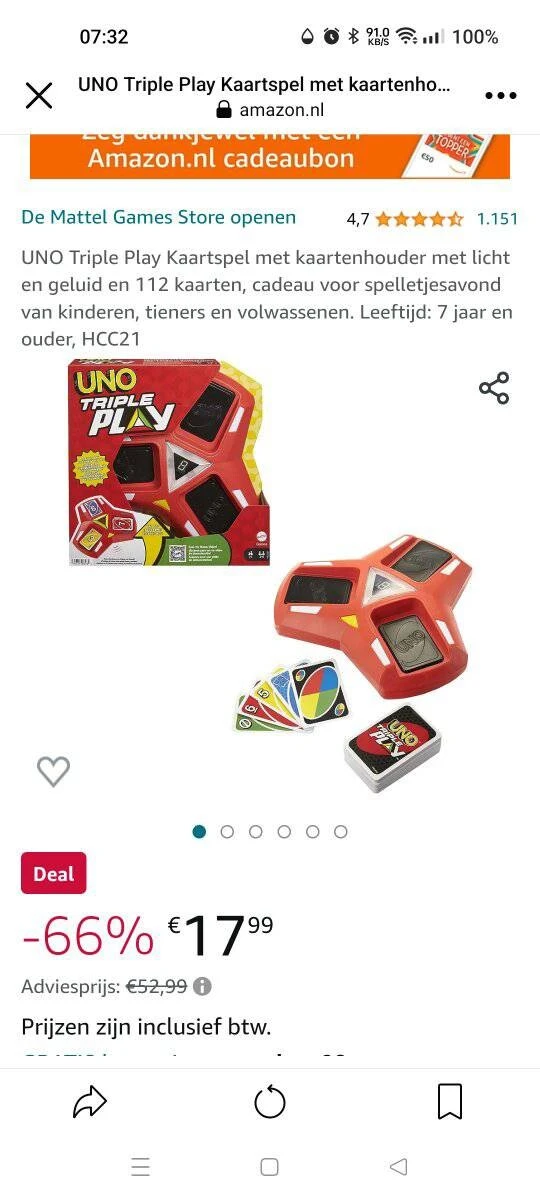 Triple uno -66% bij amazon.nl. Van €52,99 na...