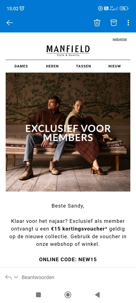 €15 korting bij aankoop vanaf €75 uit de nieu...