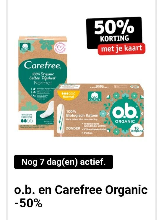 Kruidvat 50% korting o.b. en carefree organic...