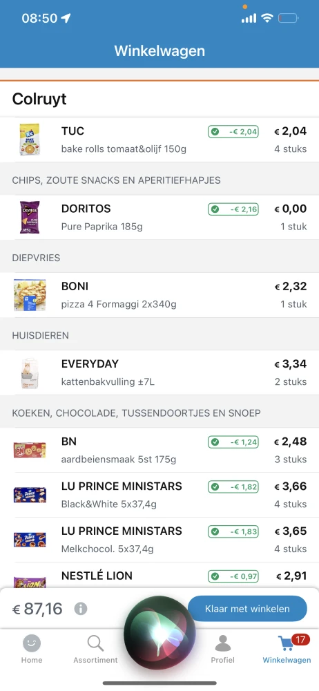 Winkelmandje van €125,40 naar €40,74 (excl. k...