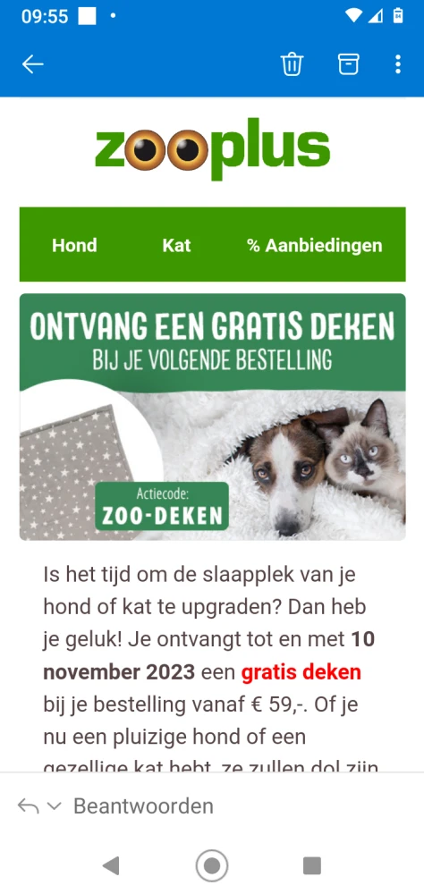 Bij Zooplus.nl krijg je een GRATIS DEKEN bij...