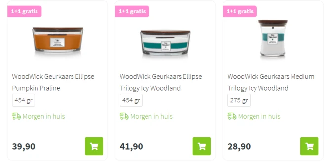 1+1 gratis op selectie Woodwick geurkaarsen bij Plein