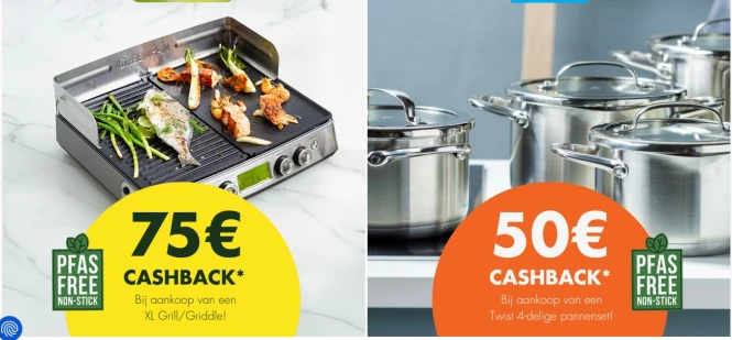 50€ of 75€ cashback op resp. BK Twist 4-delige pannenset/Greenpan XL Grill/Griddle