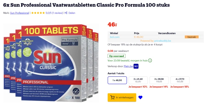 < €0,08/stuk op Sun Professional Vaatwastabletten Classic Pro Formula bij Bol