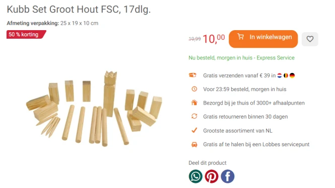 €10 Kubb Set Groot Hout FSC 🌱 17-delig bij Lobbes.nl