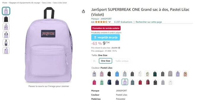 Sac à dos JanSport avec 63% de réduction chez Amazon BE