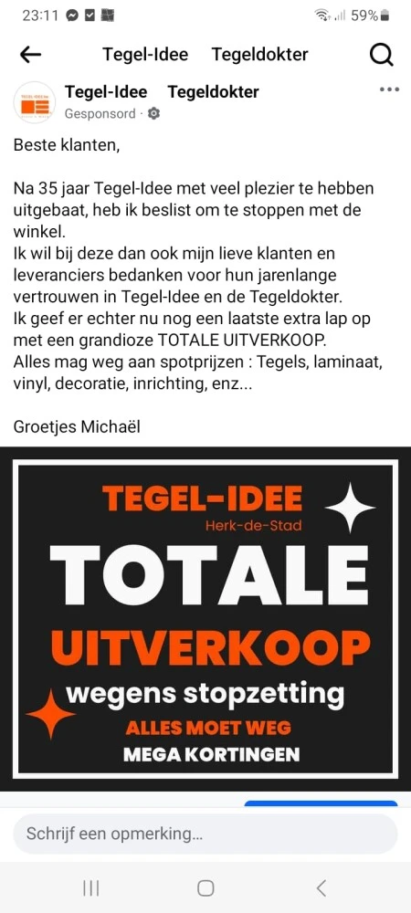 Totale uitverkoop TEGEL-IDEE