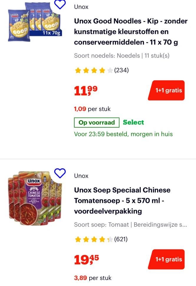 1+1 op Knorr, Unox soep en Unox Noodles