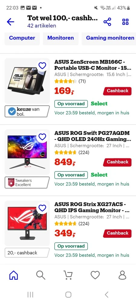 Asus monitoren tot 100€ cashback