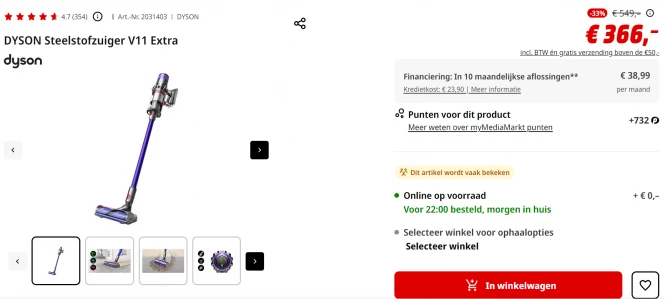 33% korting op DYSON Steelstofzuiger V11 Extra (183 euro goedkoper dan bij Dyson zelf)