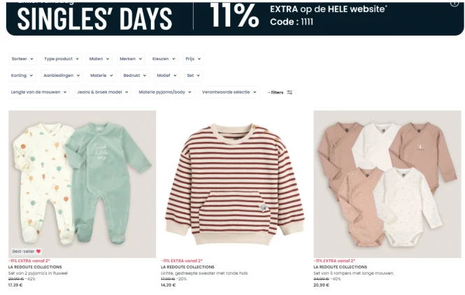 Tot -65% op babykleding + extra korting Singles' days 👶