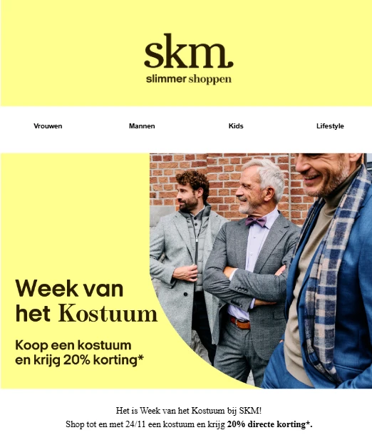 20% korting op kostuums bij skm