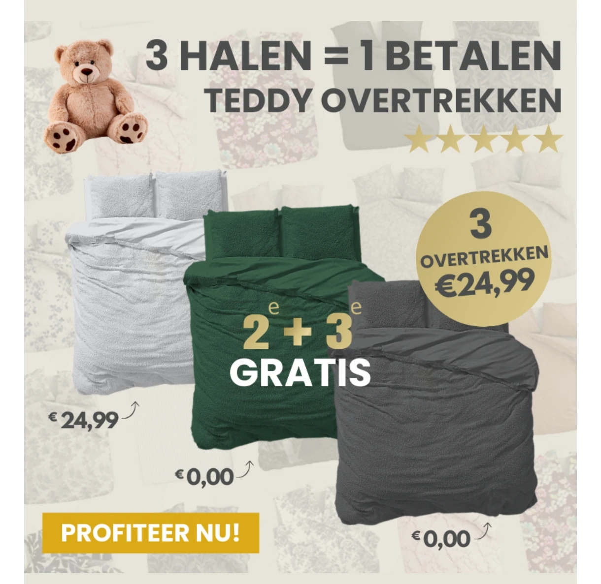 3 dekbedovertrekken kopen = 1 betalen