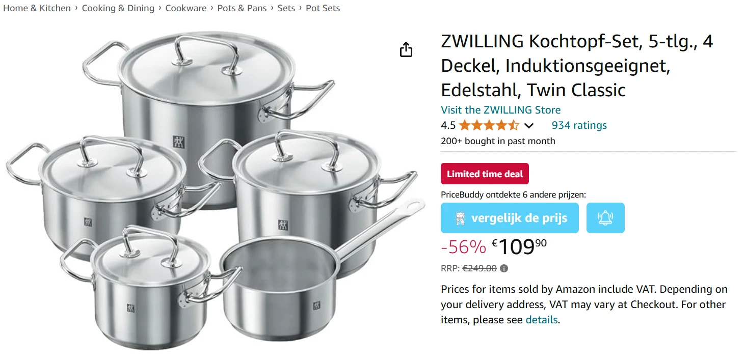 Zwilling 5-delige pottenset met 56% korting bij Amazon DE