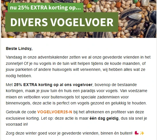 -25% op vogelvoer 🕊️ Adventsactie AVRI Tuincentrum