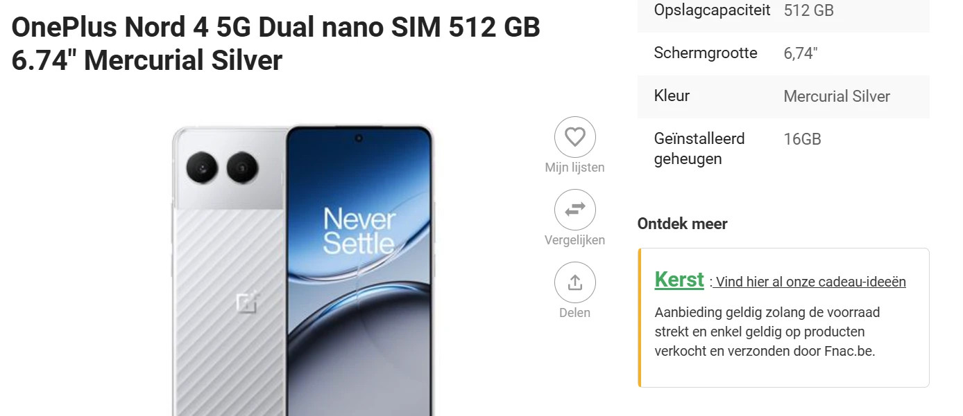 OnePlus Nord 4 5G Dual nano SIM 512 GB voor 449 euro bij Fnac