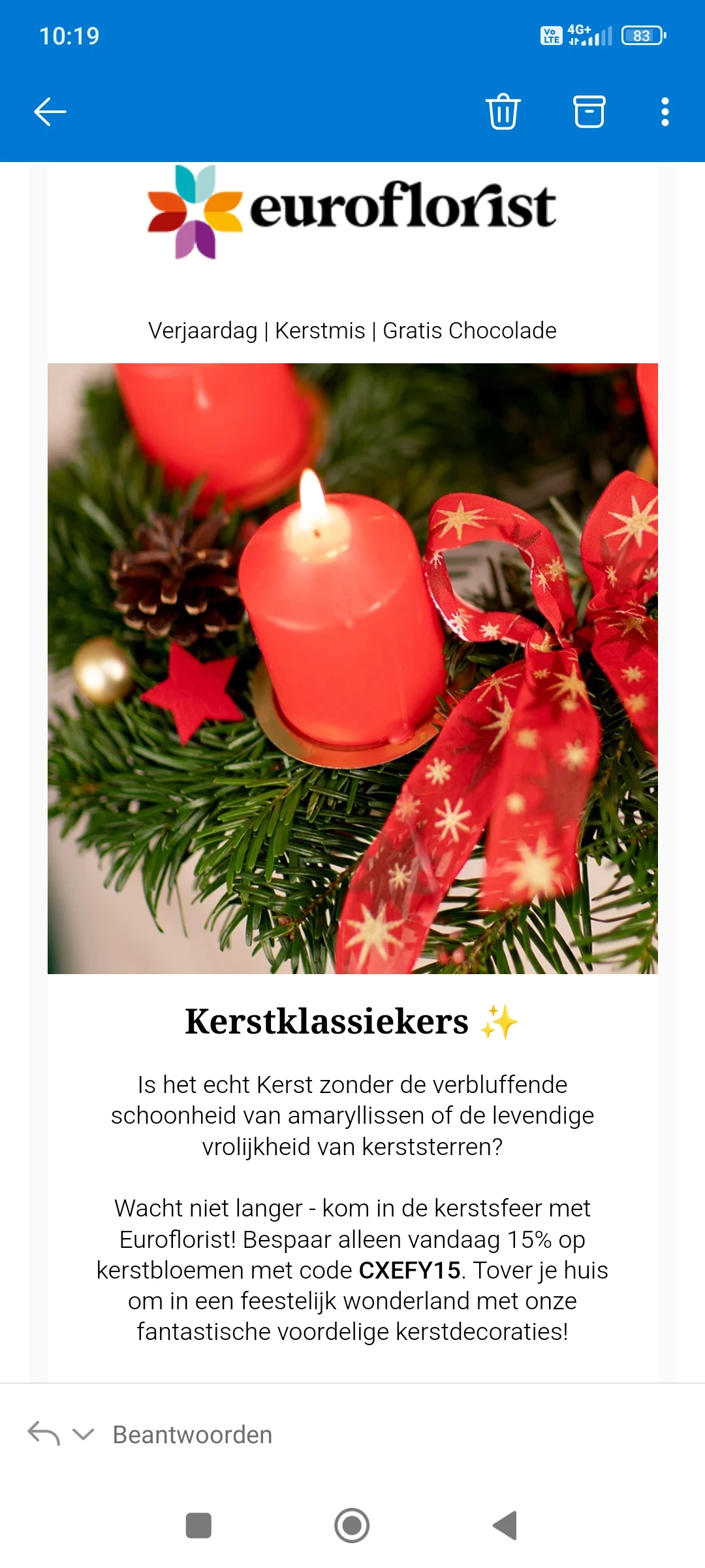 15% op kerstbloemen bij euroflorist