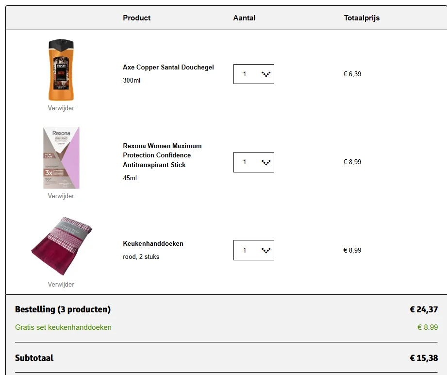 Gratis Rexona deo + Axe douchegel + set keukenhanddoeken 🧼