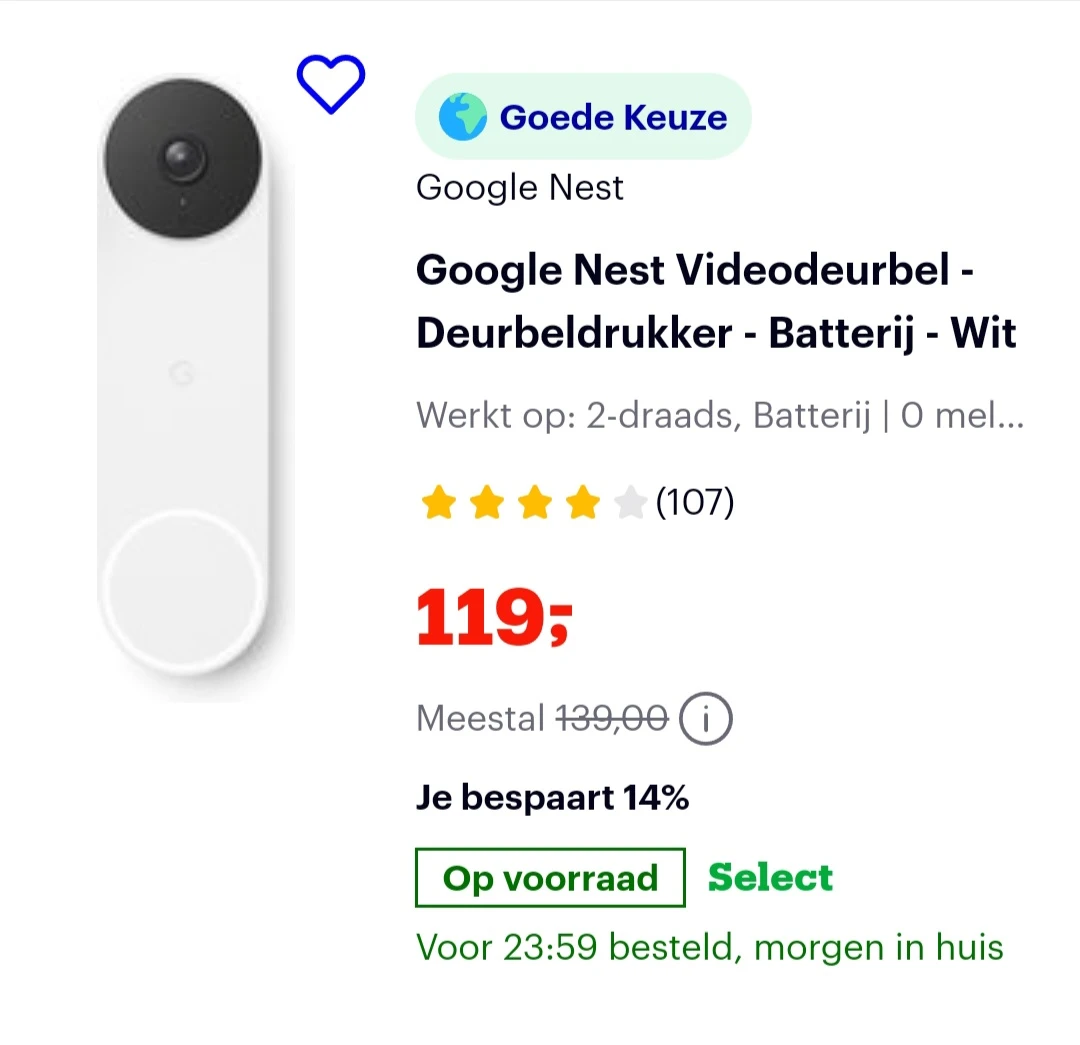 Google Nest Videodeurbel -14% bij bol.com