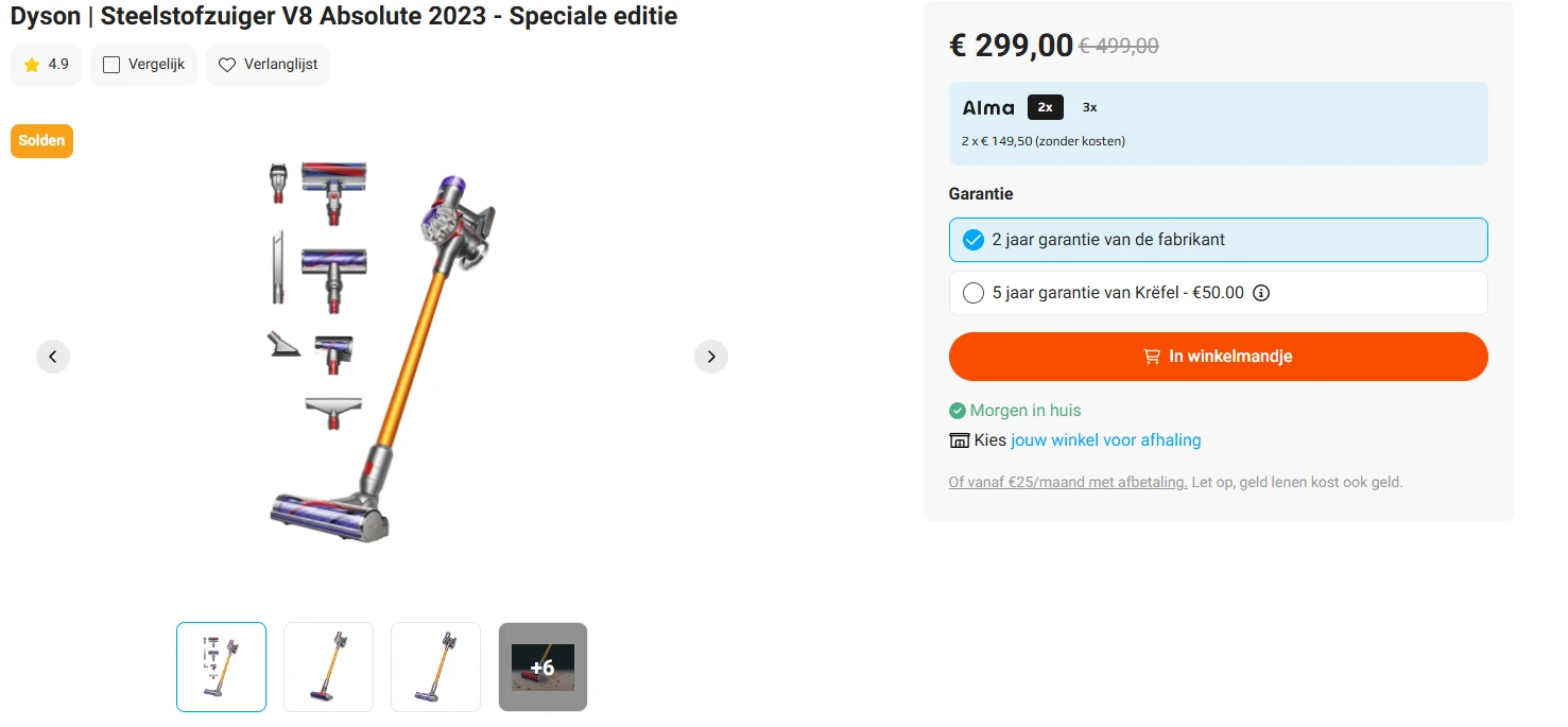 Dyson V8 Absolute voor €299 bij Krefel (€200 korting)